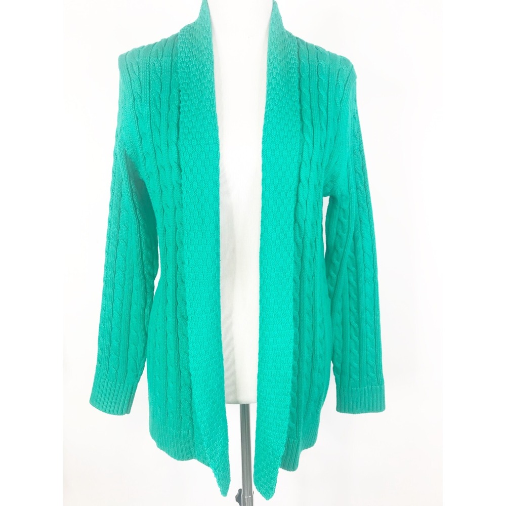 LL Bean Sweater Women Large Green Cardigan Cable Knit Open Front Preppy Academia